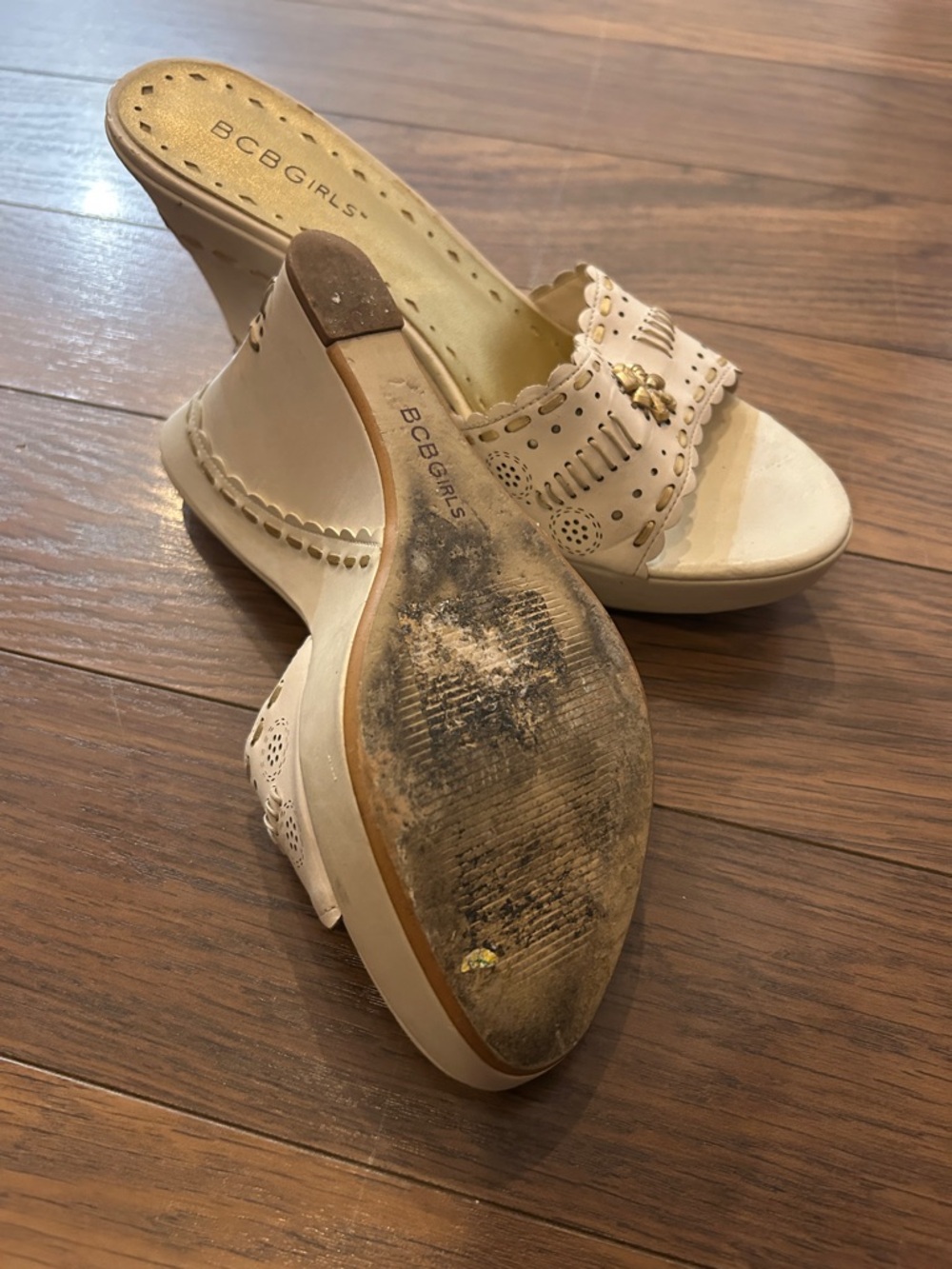BCBGirls Beige Perforated Wedge Slide Sandals with Gold Accent - Picture 2 of 4